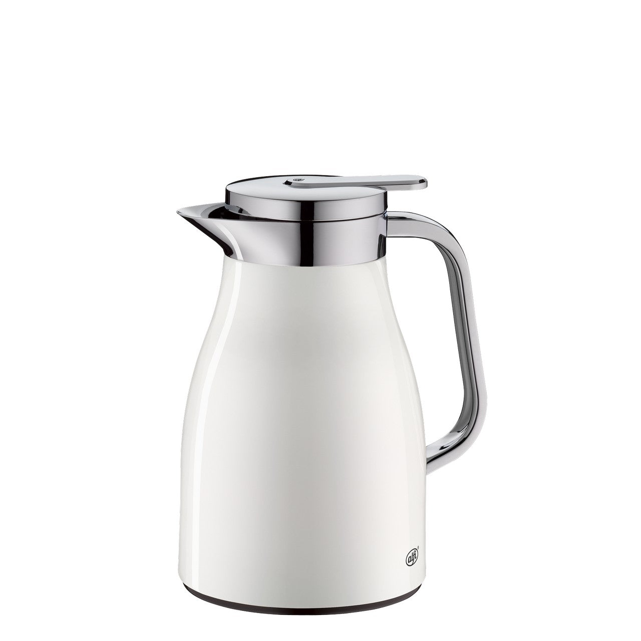 Das Bild zeigt eine elegante weiße Thermoskanne mit einem glänzend silbernen Deckel und Henkel. Die Kanne hat eine gebogene Form und einen Ausgießer, der in das Design integriert ist. Der Gesamteindruck ist modern und stilvoll.