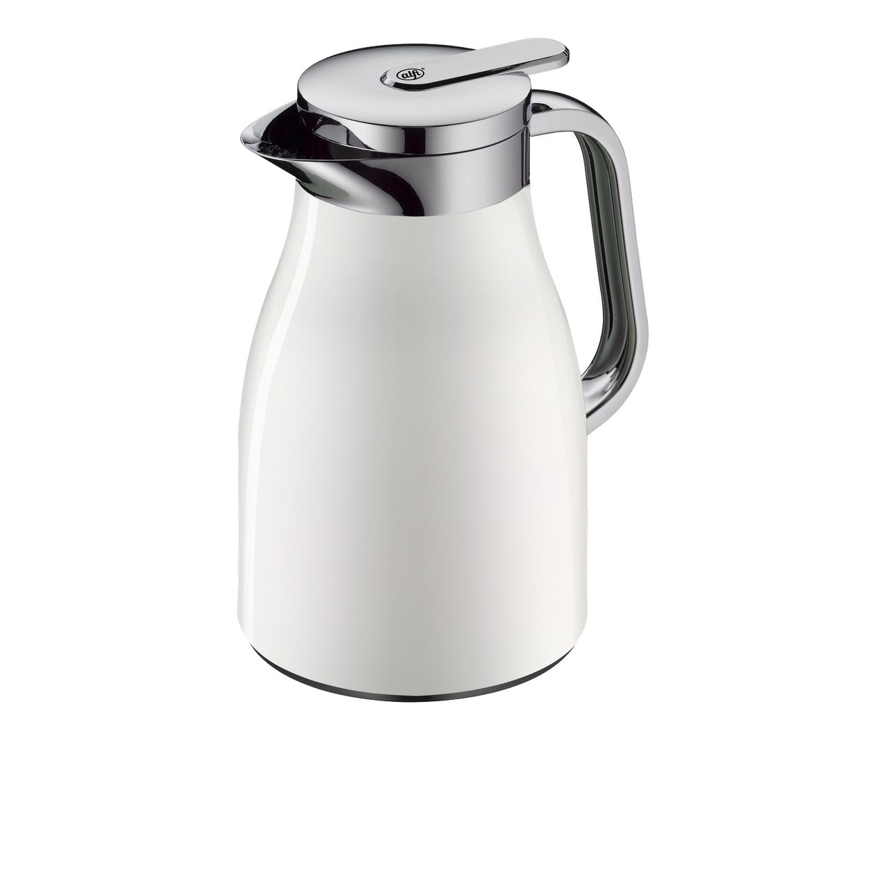 Das Bild zeigt eine elegante Thermoskanne mit einer glänzenden, silberfarbenen Kappe und Henkel. Der Körper der Kanne ist weiß und hat eine schlanke, kurvige Form. Sie steht vor einem weißen Hintergrund.