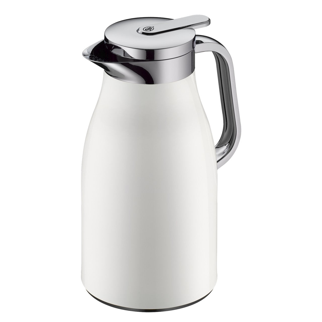 Auf dem Bild ist eine elegante, weiße Thermoskanne mit einem silbernen Deckel und Griff zu sehen. Der Deckel hat einen Hebel, der zum Ausgießen dient, und trägt die Aufschrift "alfi". Die Kanne hat eine glatte, glänzende Oberfläche.