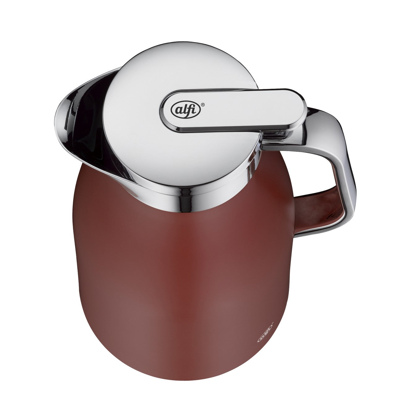 Auf dem Bild ist eine thermische Kanne mit glänzendem Metallverschluss und Griff zu sehen. Die Kanne hat eine matte, rotbraune Oberfläche. Sie wirkt elegant und modern.