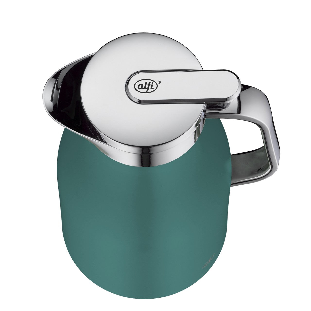 Das Bild zeigt eine moderne, türkisfarbene Thermoskanne mit einem glänzend silbernen Deckel und Griff. Der Deckel hat eine transparente, runde Öffnung. Die Kanne wirkt elegant und stilvoll.