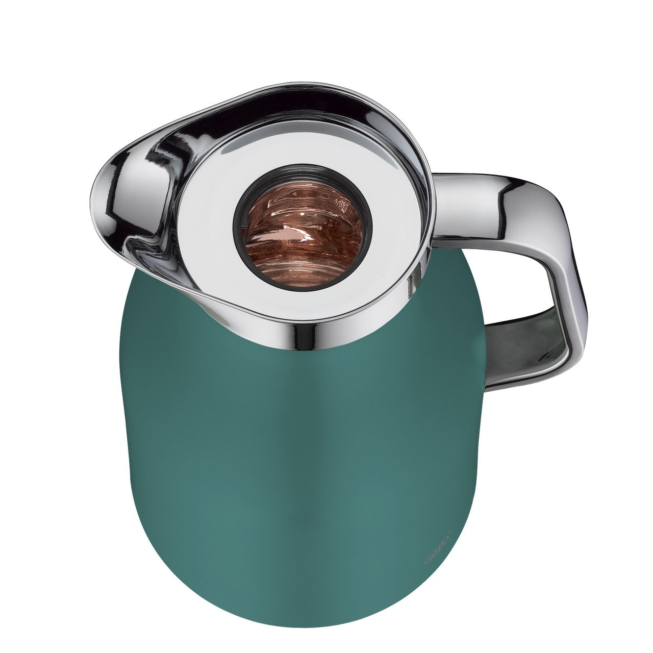 Eine Hand hält eine türkise Isolierkanne mit silbernem Deckel und Henkel. Die Kanne hat ein schlichtes, modernes Design.