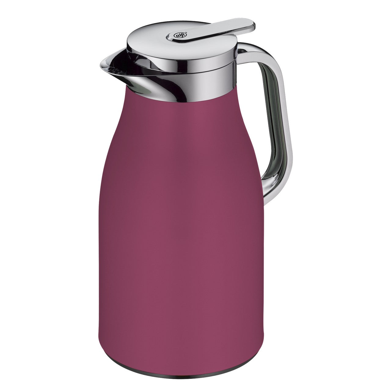 Das Bild zeigt eine rote Thermoskanne mit einem silbernen Deckel und Griff aus Metall. Der Deckel hat einen Hebelmechanismus und das Logo "alfi" ist darauf sichtbar.