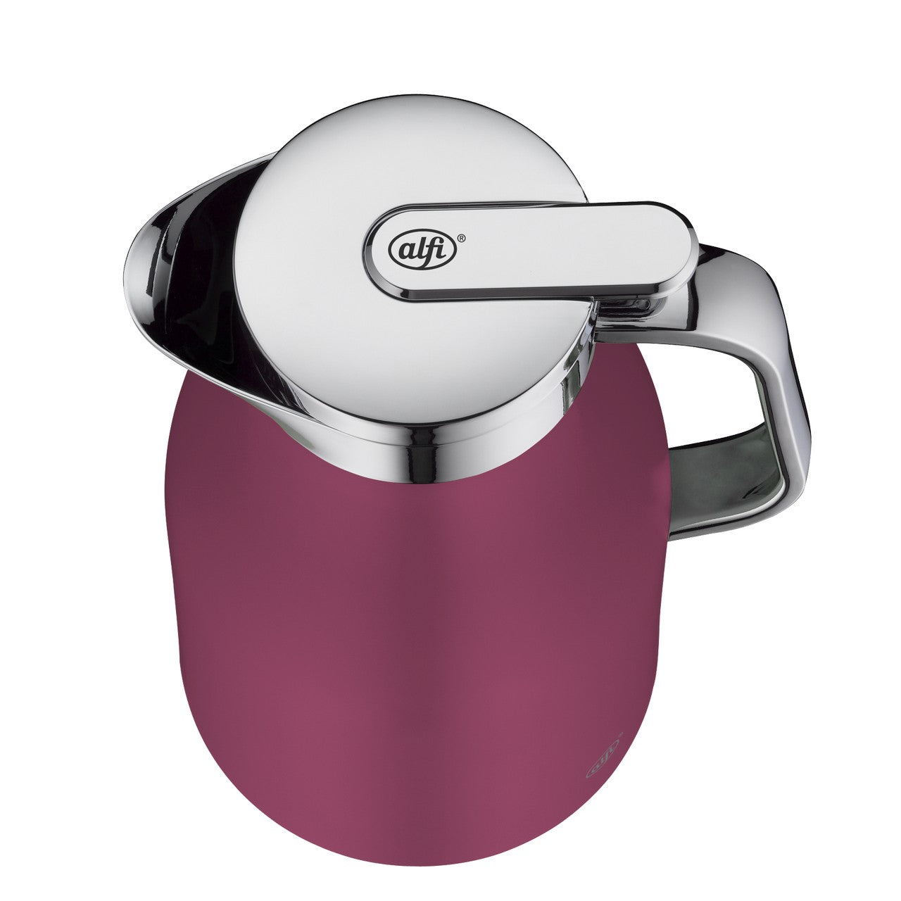 Das Bild zeigt eine rosafarbene Thermoskanne mit einem glänzenden, silbernen Deckel und Griff. Der Deckel hat eine runde Öffnung mit einer transparenten Abdeckung, durch die man ins Innere blicken kann. Die Kanne wirkt modern und elegant.