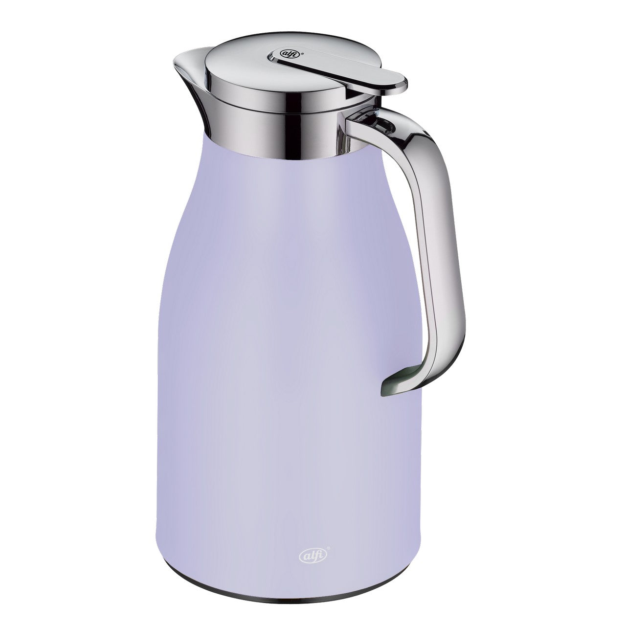 Es ist eine lilafarbene Thermoskanne mit einem glänzenden, silberfarbenen Deckel und Griff. Die Kanne hat eine schlichte, modern abgerundete Form.