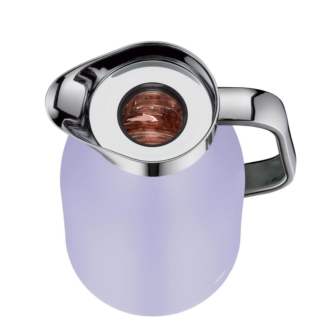 Auf dem Bild steht eine stilvolle, hellgraue Thermoskanne mit einem glänzenden silbernen Deckel und Griff auf einem weißen Tisch. Daneben liegen einige Bücher und ein Stoffstück. Der Hintergrund ist unscharf und zeigt einen hellen Innenraum.