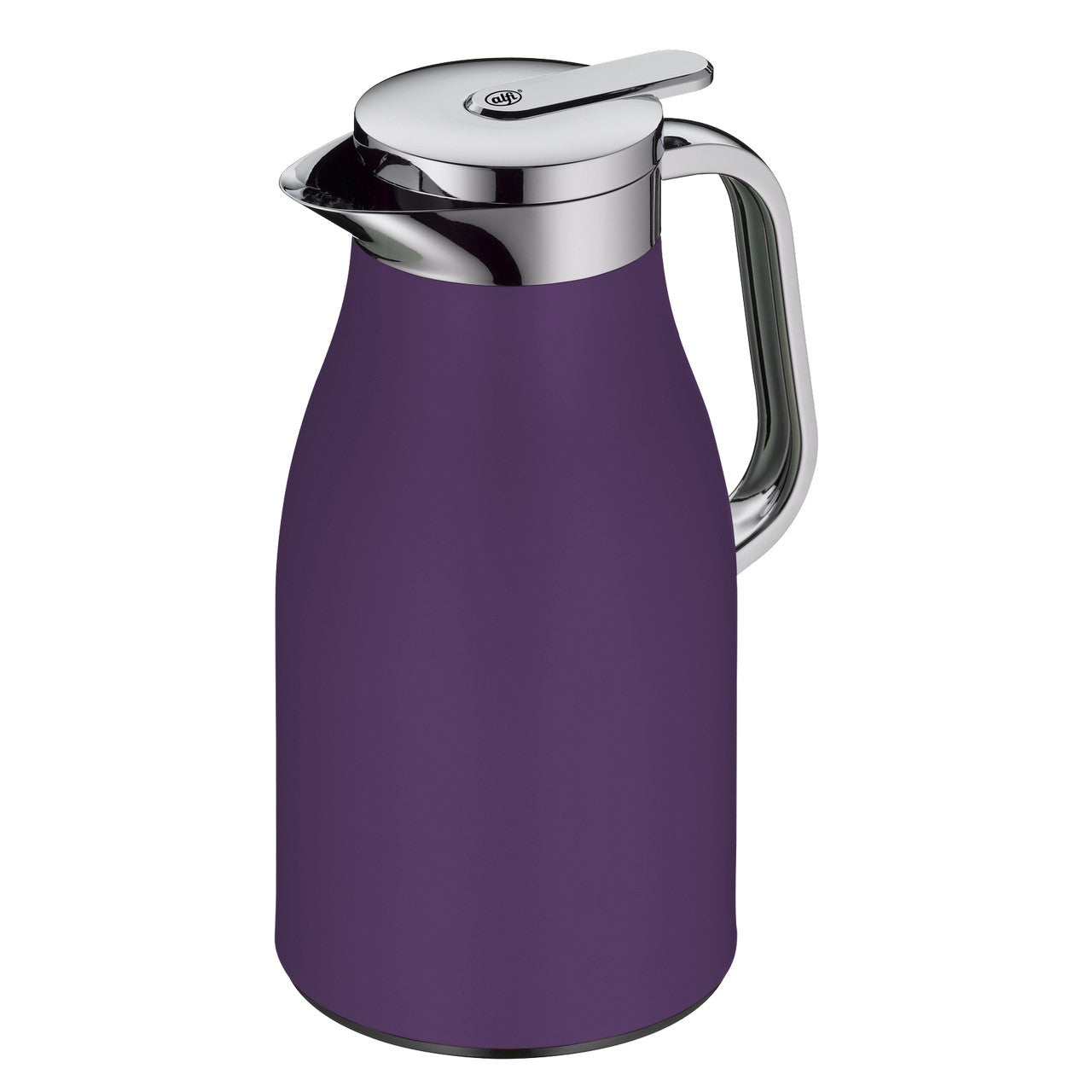 Das Bild zeigt eine Thermoskanne mit einem glänzenden silbernen Deckel und Griff. Der Körper der Kanne ist lila. Der Deckel hat einen Hebel zum Ausgießen, und die Marke "alfi" ist darauf abgebildet.