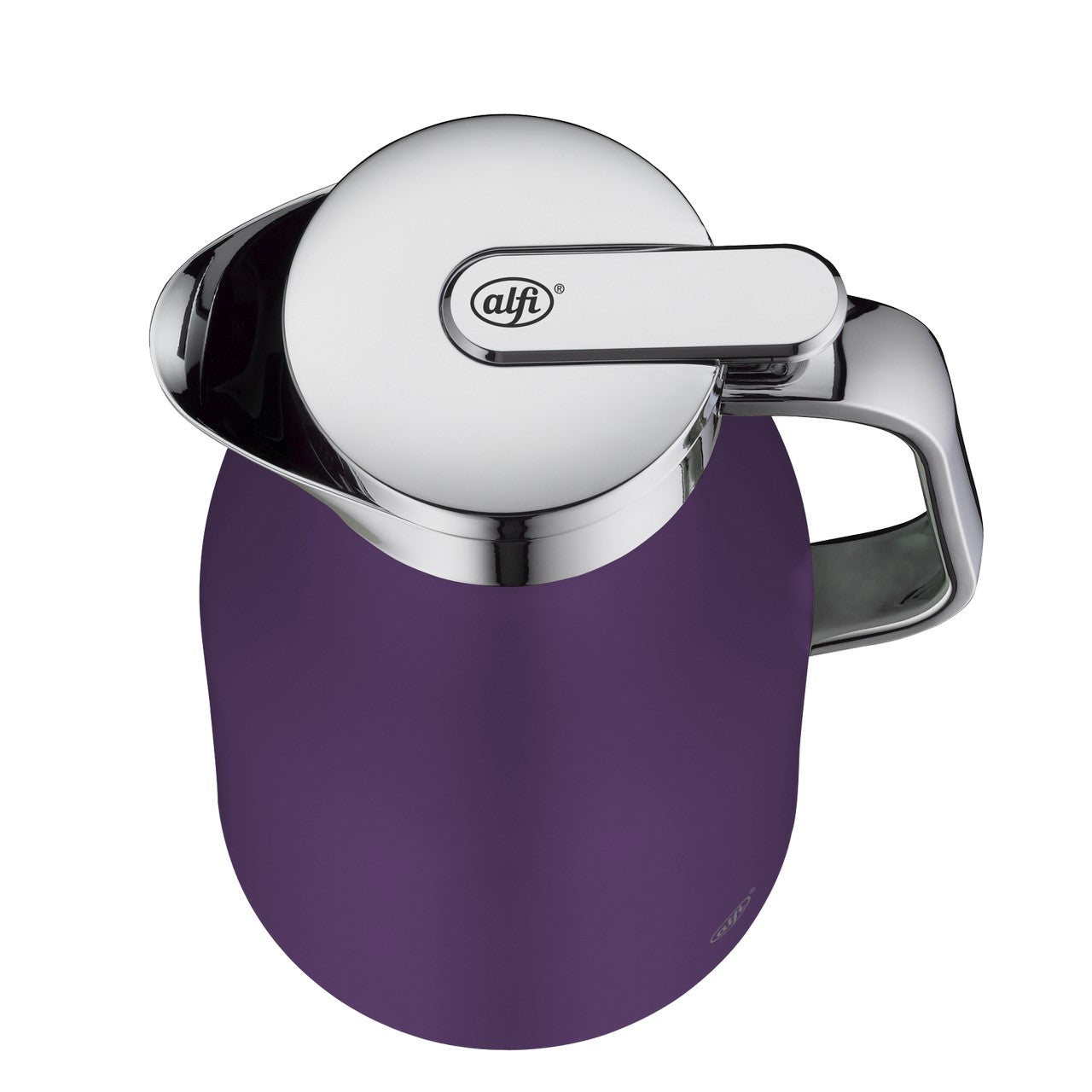 Das Bild zeigt eine moderne, metallisch glänzende Thermoskanne in einem kräftigen Lila. Sie hat einen silbernen Deckel mit einem Henkel auf der rechten Seite. Der Deckel hat eine leicht durchsichtige Öffnung in der Mitte.