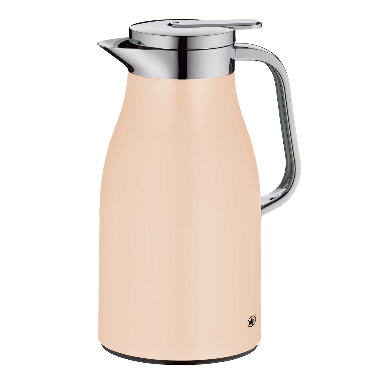 Das Bild zeigt eine cremefarbene Thermoskanne mit einem glänzenden, silbernen Deckel und Griff. Die Kanne hat eine moderne, abgerundete Form.