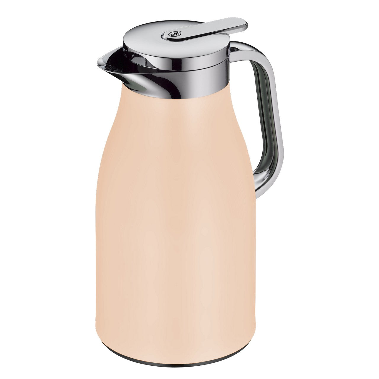 Das Bild zeigt eine cremefarbene Thermoskanne mit einem glänzenden, silberfarbenen Deckel und Griff. Auf dem Deckel befindet sich ein Markenlogo. Die Form ist rund und funktional gestaltet.