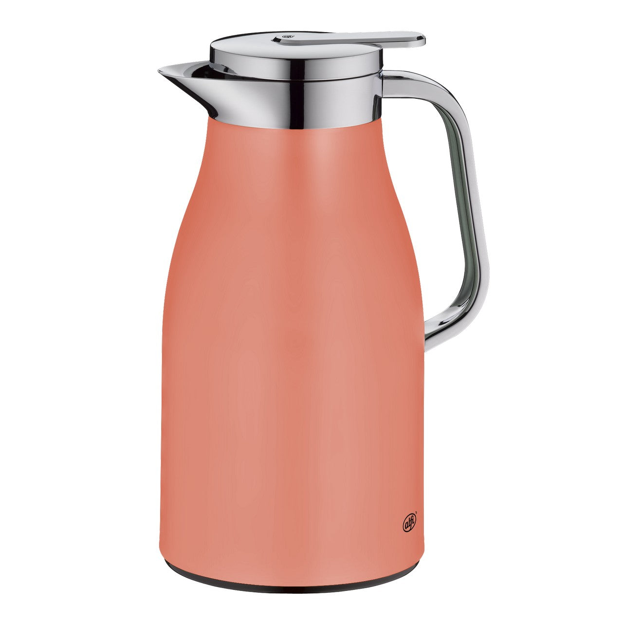 Das Bild zeigt eine Thermoskanne, die unten rosafarben und mit einem silbernen Deckel versehen ist. Der Griff der Kanne ist ebenfalls silbern und ergonomisch geformt.