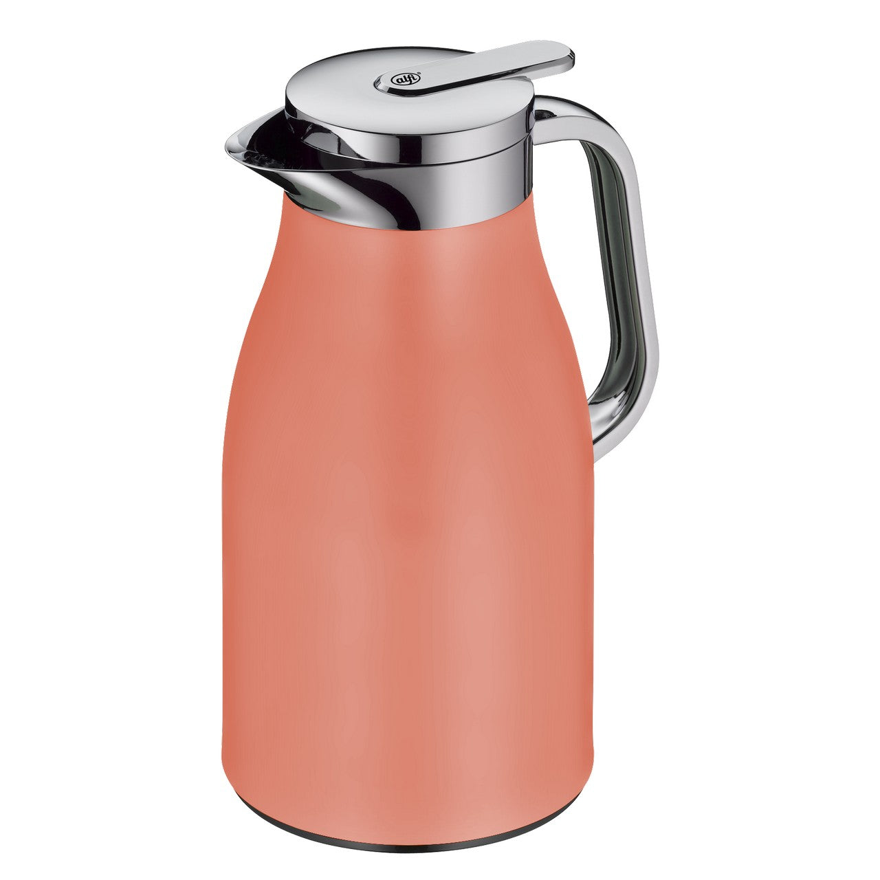 Auf dem Bild ist eine Thermoskanne zu sehen, die von oben fotografiert wurde. Die Kanne hat einen glänzenden, silberfarbenen Deckel und Griff, mit einem matten, korallenroten Körper.