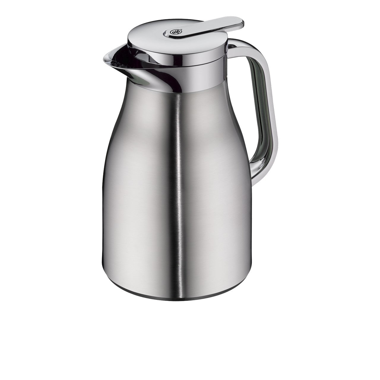 Das Bild zeigt eine glänzende silberne Thermoskanne aus Metall mit einem eleganten, geschwungenen Griff und einem Kippverschluss. Sie hat eine glatte, leicht bauchige Form und wirkt modern und hochwertig.