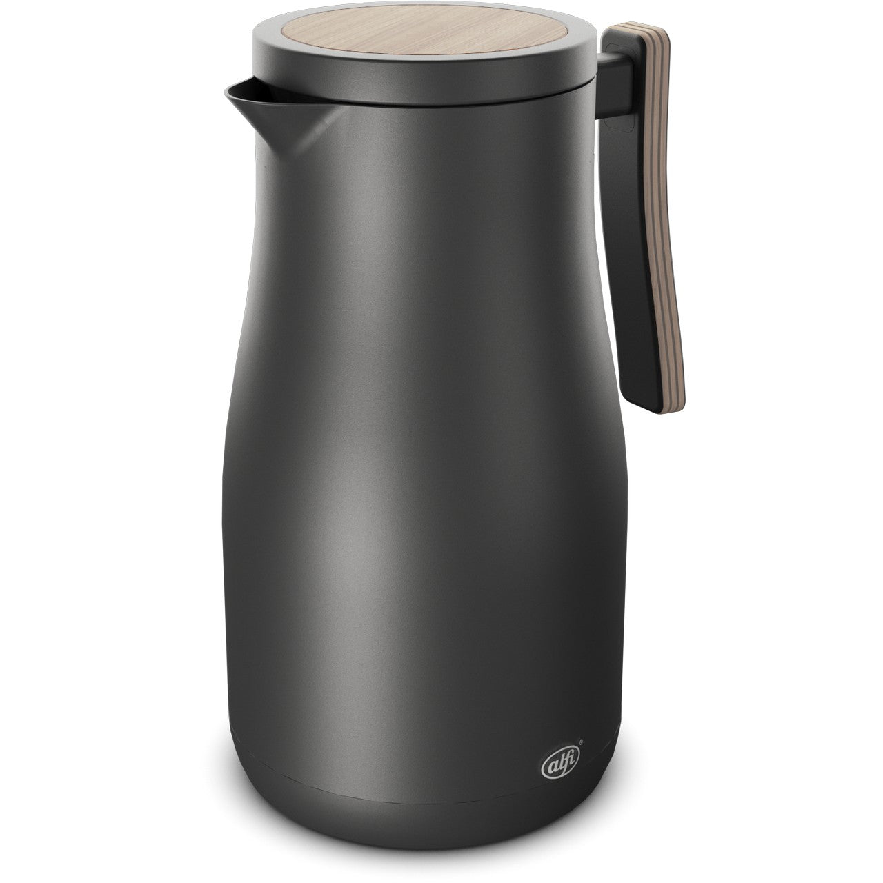 Das Bild zeigt eine schwarze Thermoskanne mit einem schlanken, eleganten Design. Die Kanne hat einen Deckel und einen Henkel an der Seite.