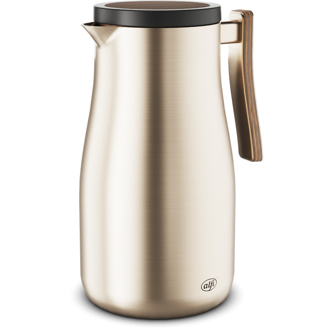 Das Bild zeigt eine glänzende silberne Thermoskanne mit einem schwarzen Deckel und einem braunen Griff. Die Kanne hat eine geschwungene, schlanke Form. Sie wirkt modern und elegant.