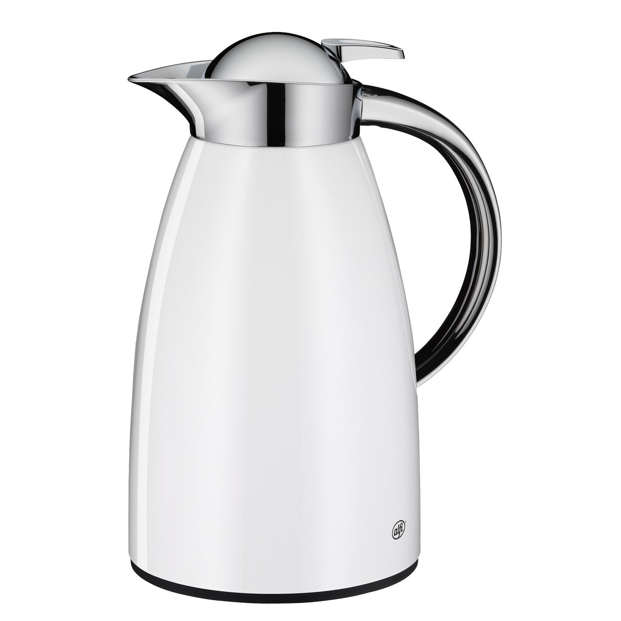 Das Bild zeigt eine elegante Thermoskanne mit einem glänzenden Chromdeckel und -griff. Der Körper der Kanne ist weiß, und sie hat eine schlichte, moderne Form.
