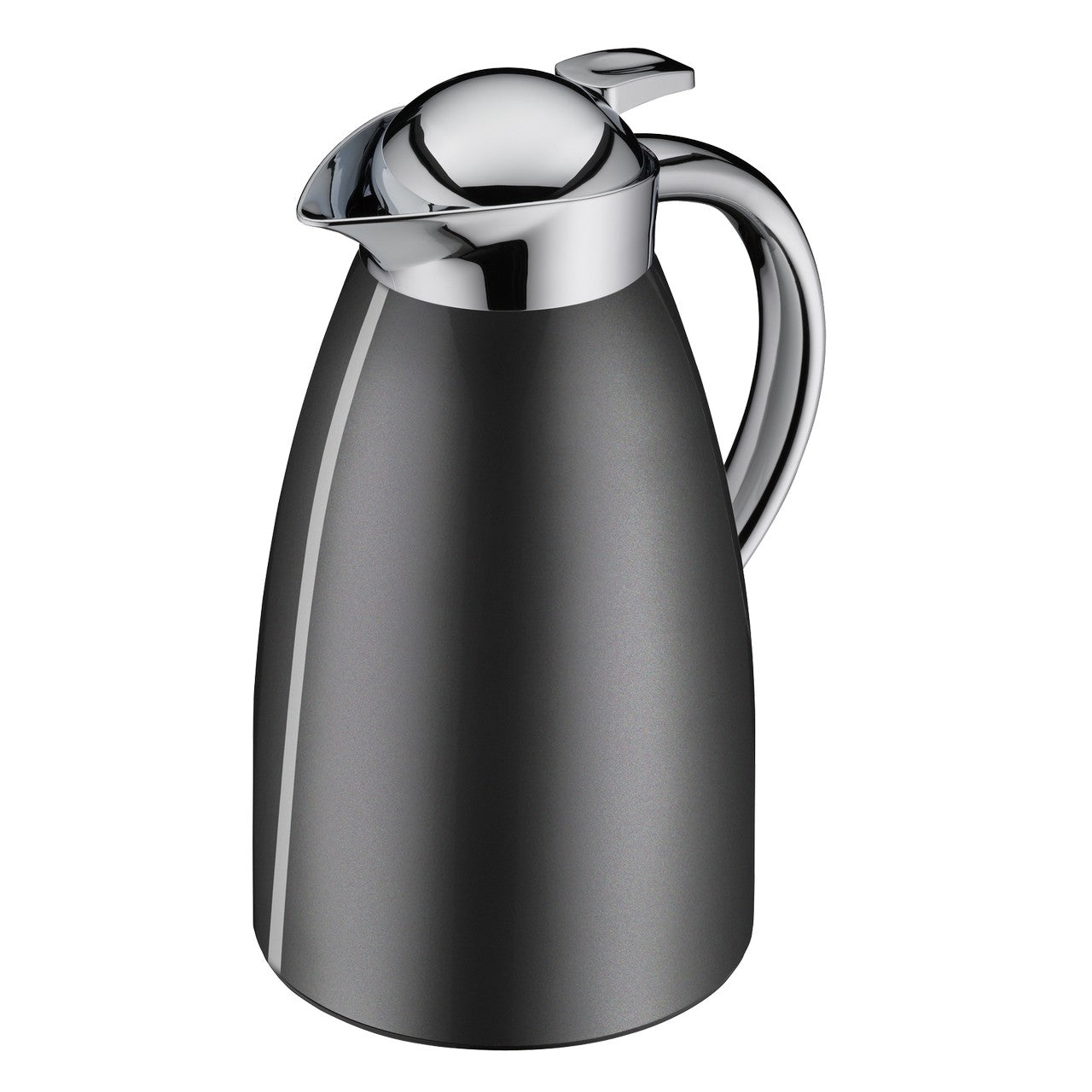 Das Bild zeigt eine elegante, schlanke Thermoskanne mit einem glänzenden, silbernen Deckel und Henkel. Der Korpus der Kanne ist in einem matten Dunkelgrau gehalten. Das Design wirkt modern und minimalistisch.
