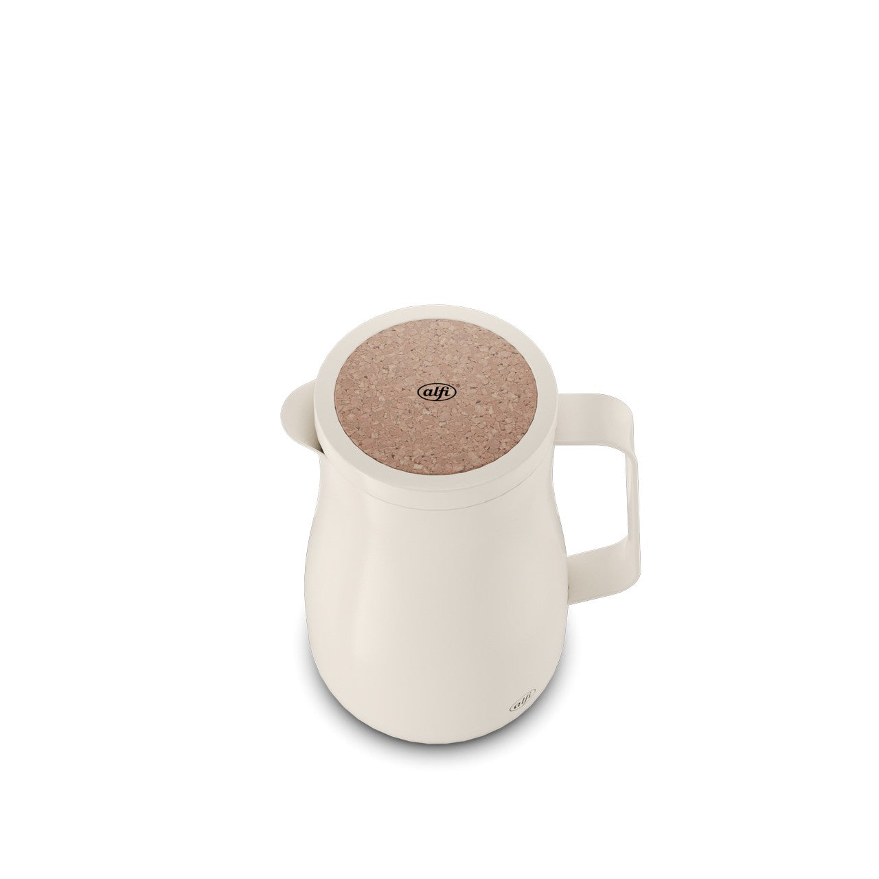 Das Bild zeigt eine weiße Thermoskanne mit einem runden Korkdeckel und einem seitlichen Griff. Der Deckel hat ein kleines Logo in der Mitte.