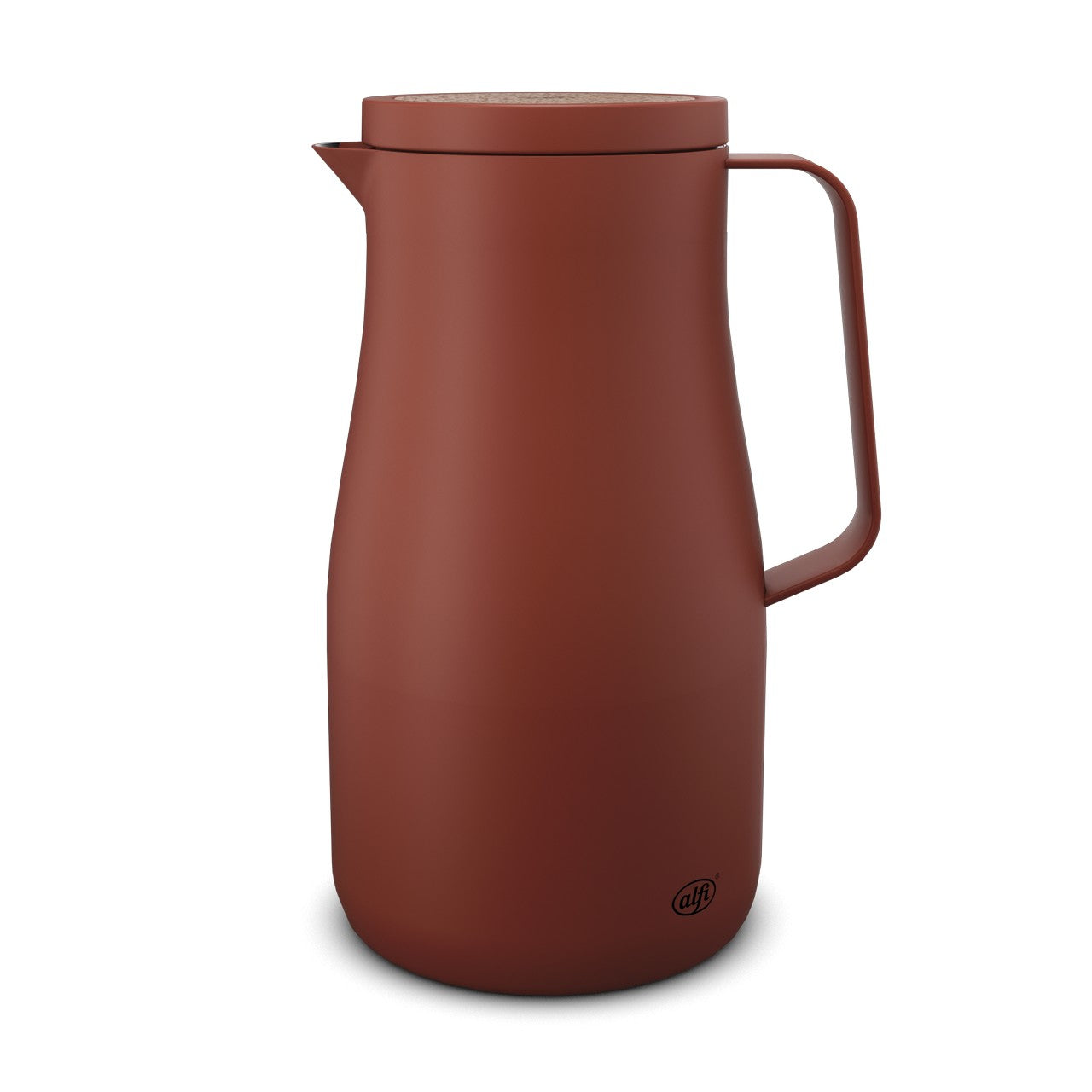 Auf dem Bild ist eine bauchige, rostbraune Thermoskanne mit einem schlanken Griff und einem Deckel zu sehen. Die Kanne hat ein minimalistisches Design mit glatter Oberfläche.