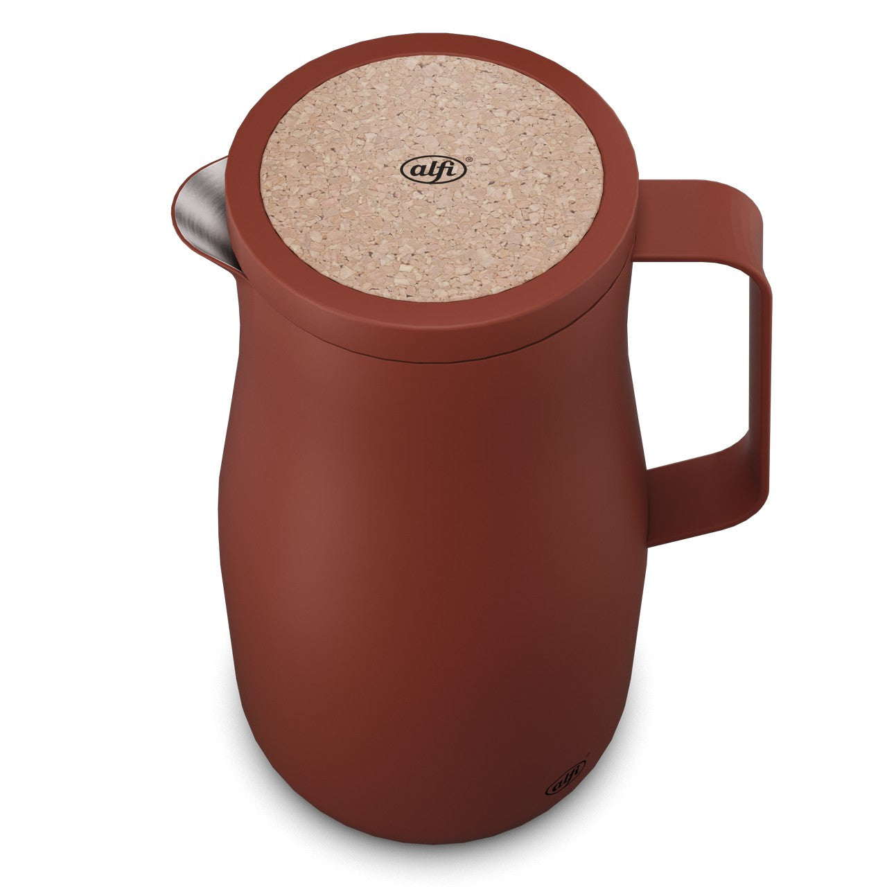 Das Bild zeigt eine dunkelrote Thermoskanne mit einem runden Henkel und einem Deckel aus Kork, auf dem ein kleines Logo zu sehen ist. Die Kanne hat eine schlichte, moderne Form.