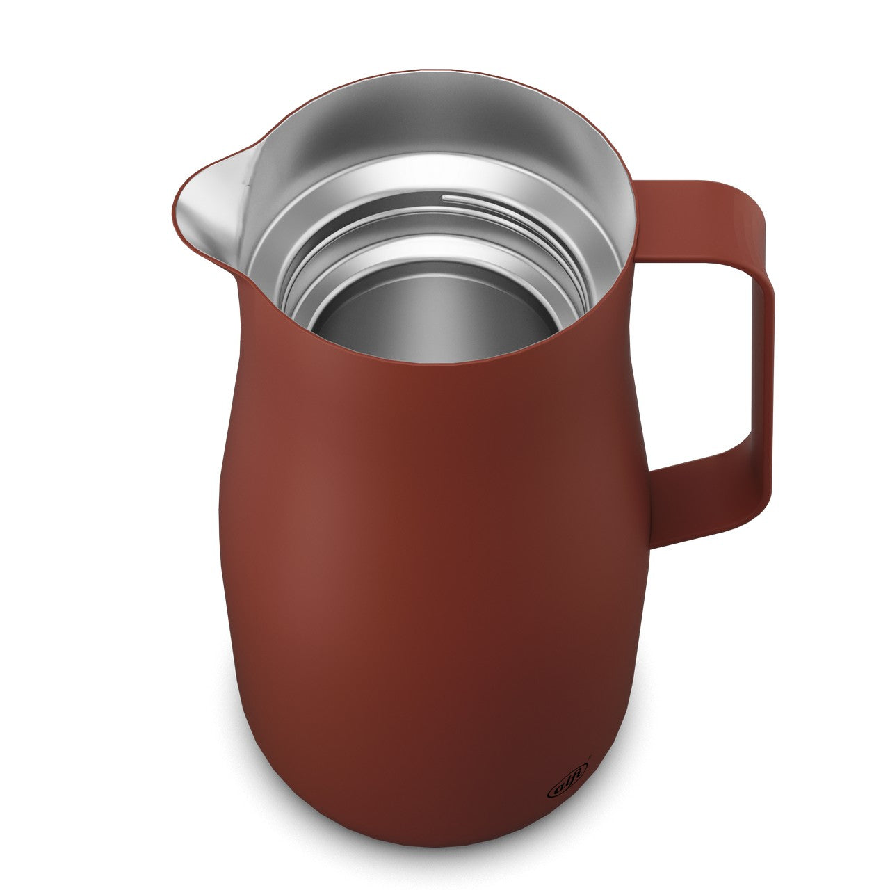 Auf dem Bild ist eine elegante Kanne mit einem glatten, rostbraunen Äußeren zu sehen. Sie hat einen breiten, silberfarbenen Ausguss und einen Griff auf der rechten Seite. Der Innenraum ist aus glänzendem Metall gefertigt.