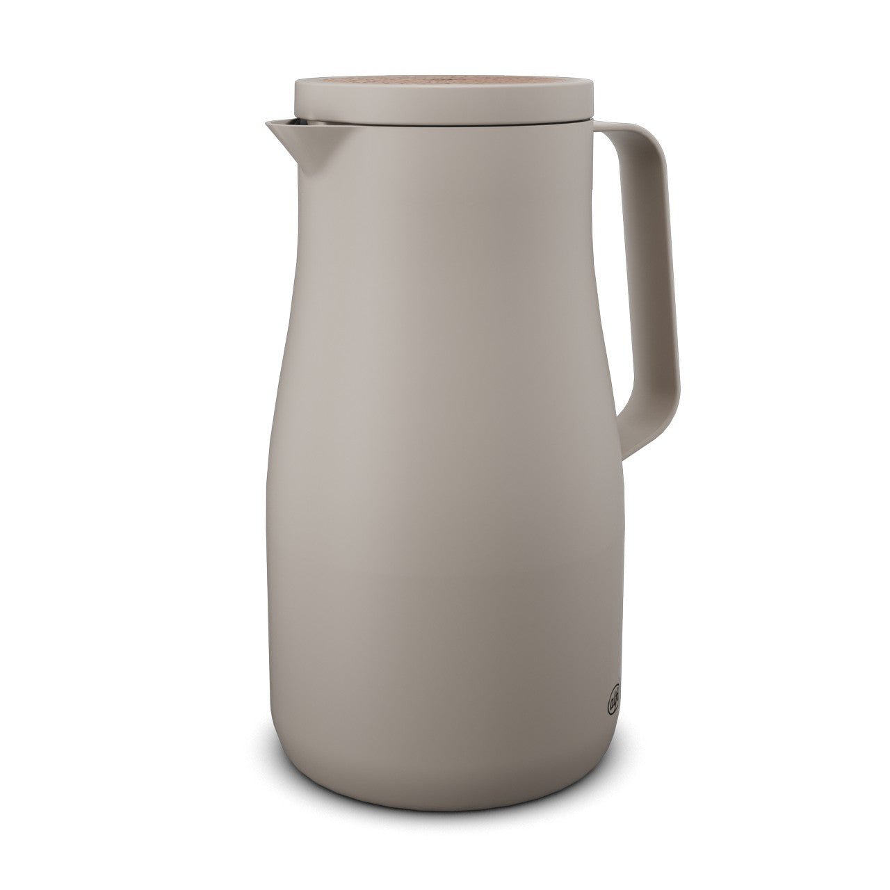 Das Bild zeigt eine moderne, beige Thermoskanne mit einem glatten, minimalistischen Design. Die Kanne hat einen schmalen Ausguss, einen Griff an der Seite und einen flachen Deckel.