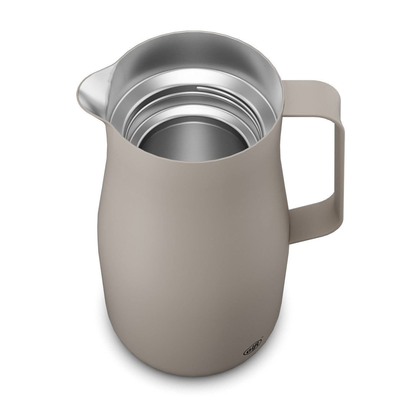 Das Bild zeigt eine beige Kanne mit einem geschwungenen Ausguss und einem Henkel auf der rechten Seite. Die Kanne hat eine glänzende Metalleinlage im Inneren. Außen ist das Logo "alfi" am unteren Rand sichtbar.