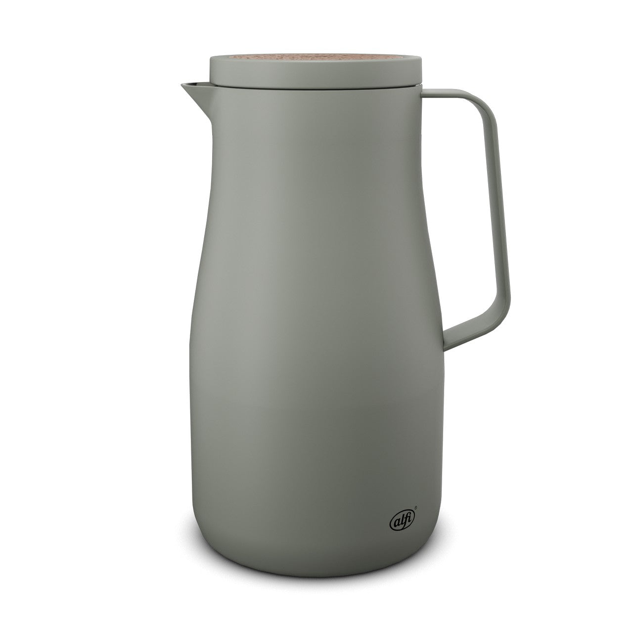 Das Bild zeigt eine moderne, matte, graue Thermoskanne mit einem schlanken Design und einem Griff auf der rechten Seite. Der Deckel ist flach und rund.