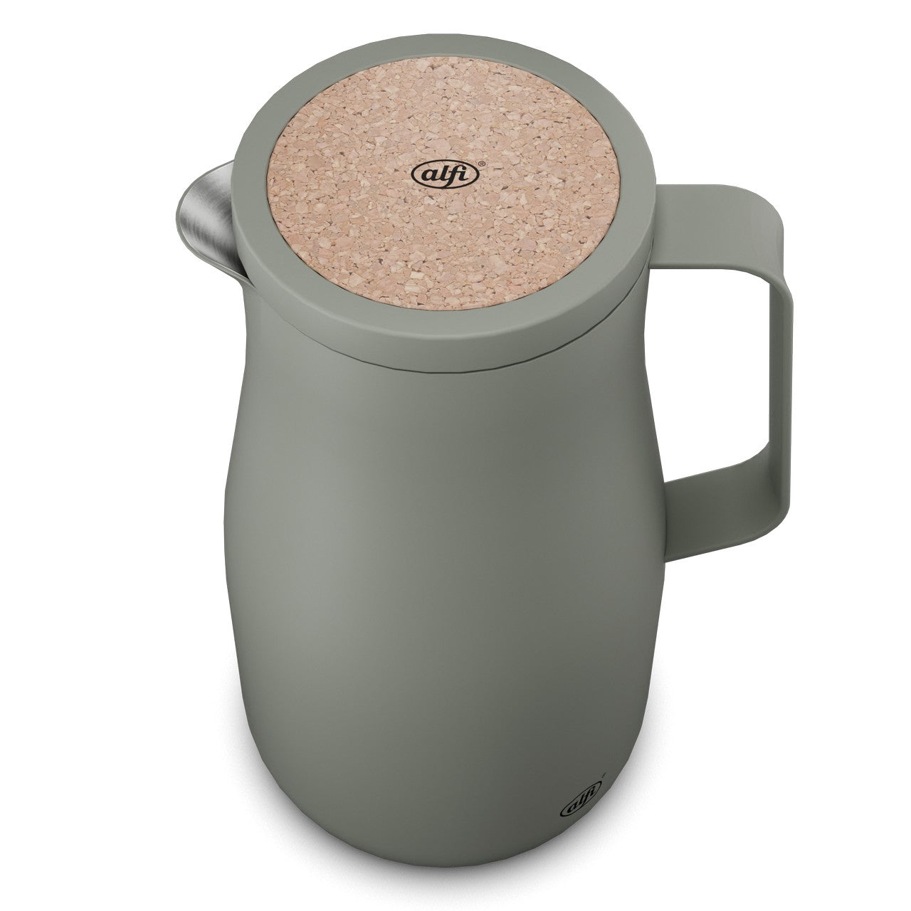 Es ist eine graue, matte Thermoskanne mit einem Griff auf der rechten Seite. Der Deckel besteht aus Kork und trägt das Logo "alfi".