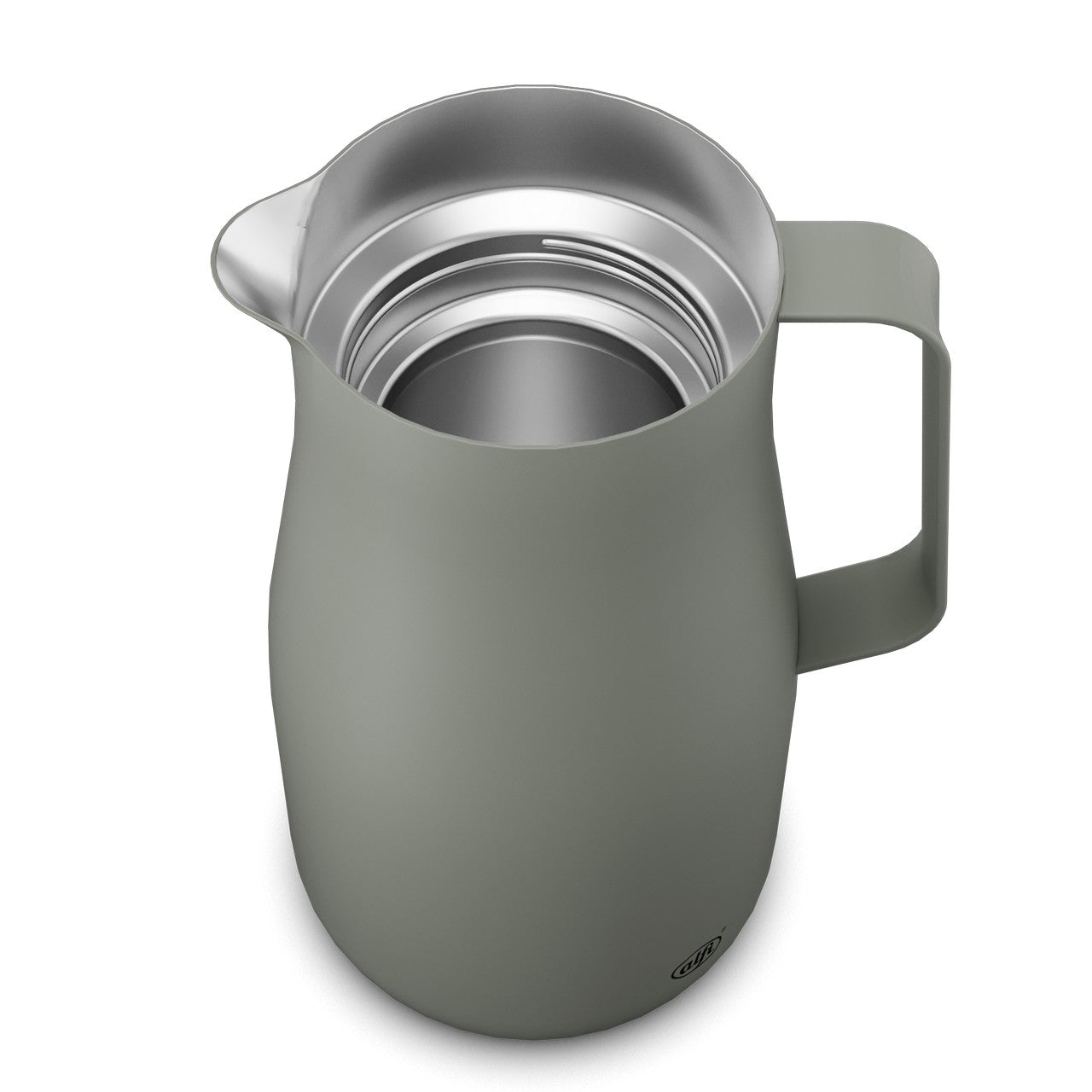 Es ist ein moderner, grauer Behälter mit Deckel und einem stabilen Griff, möglicherweise eine Kanne oder Thermoskanne. Der Innenraum ist aus glänzendem Metall gefertigt. Die Form ist schlicht und funktional.