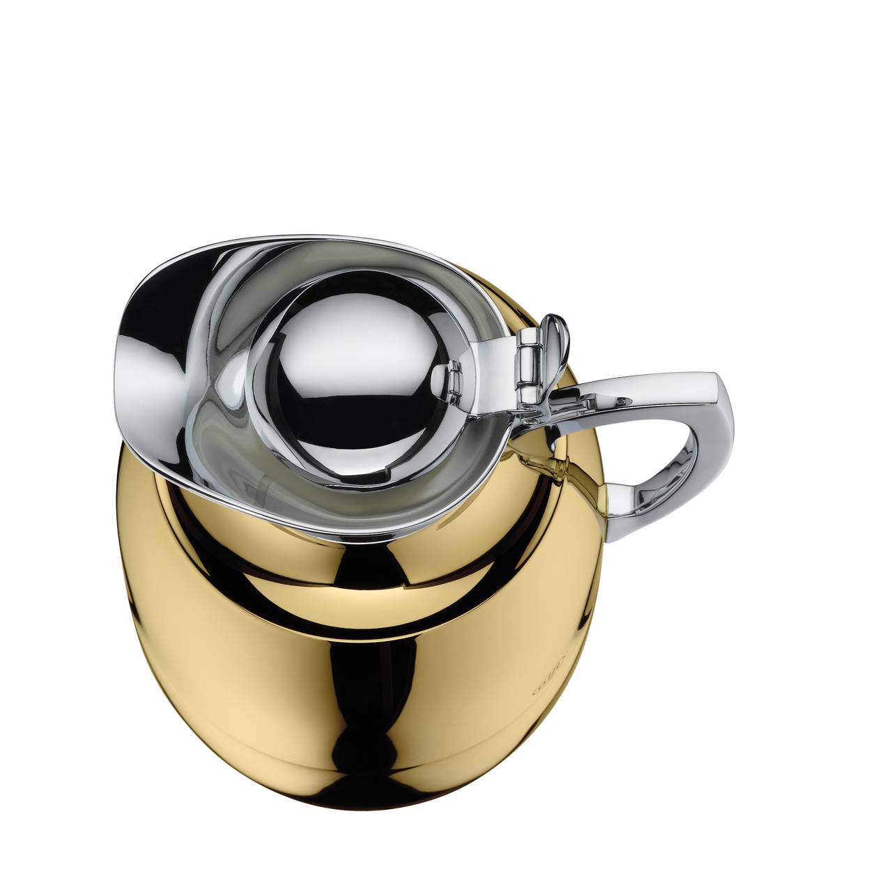 Das Bild zeigt eine elegante Teekanne von oben, mit einer glänzenden goldenen Oberfläche und einem silbernen Deckel sowie Griff. Das Design ist modern und minimalistisch.