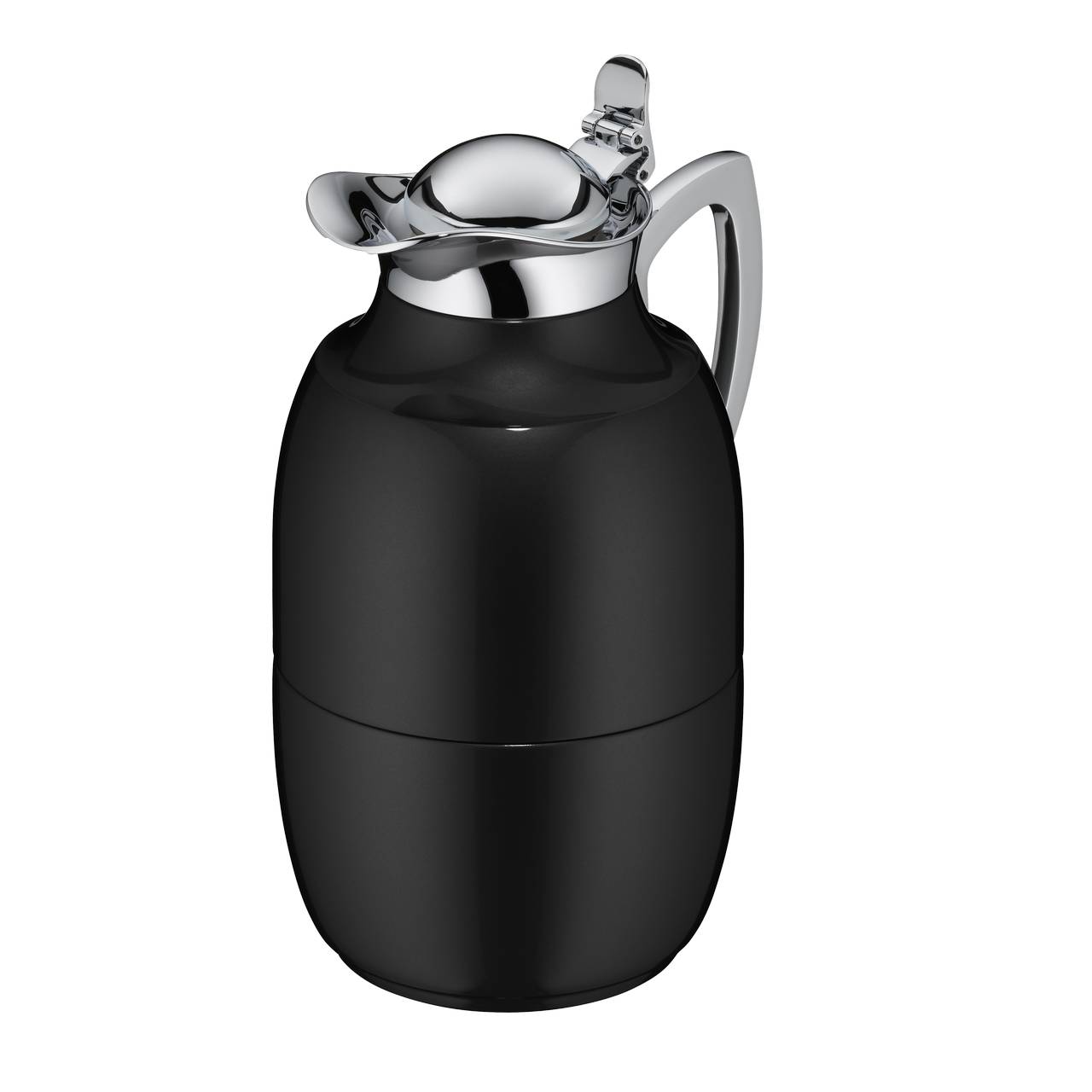 Das Bild zeigt eine schwarze Thermoskanne mit einem glänzenden, silberfarbenen Deckel und Griff. Die Kanne hat eine glatte, ovale Form und wirkt modern und elegant.