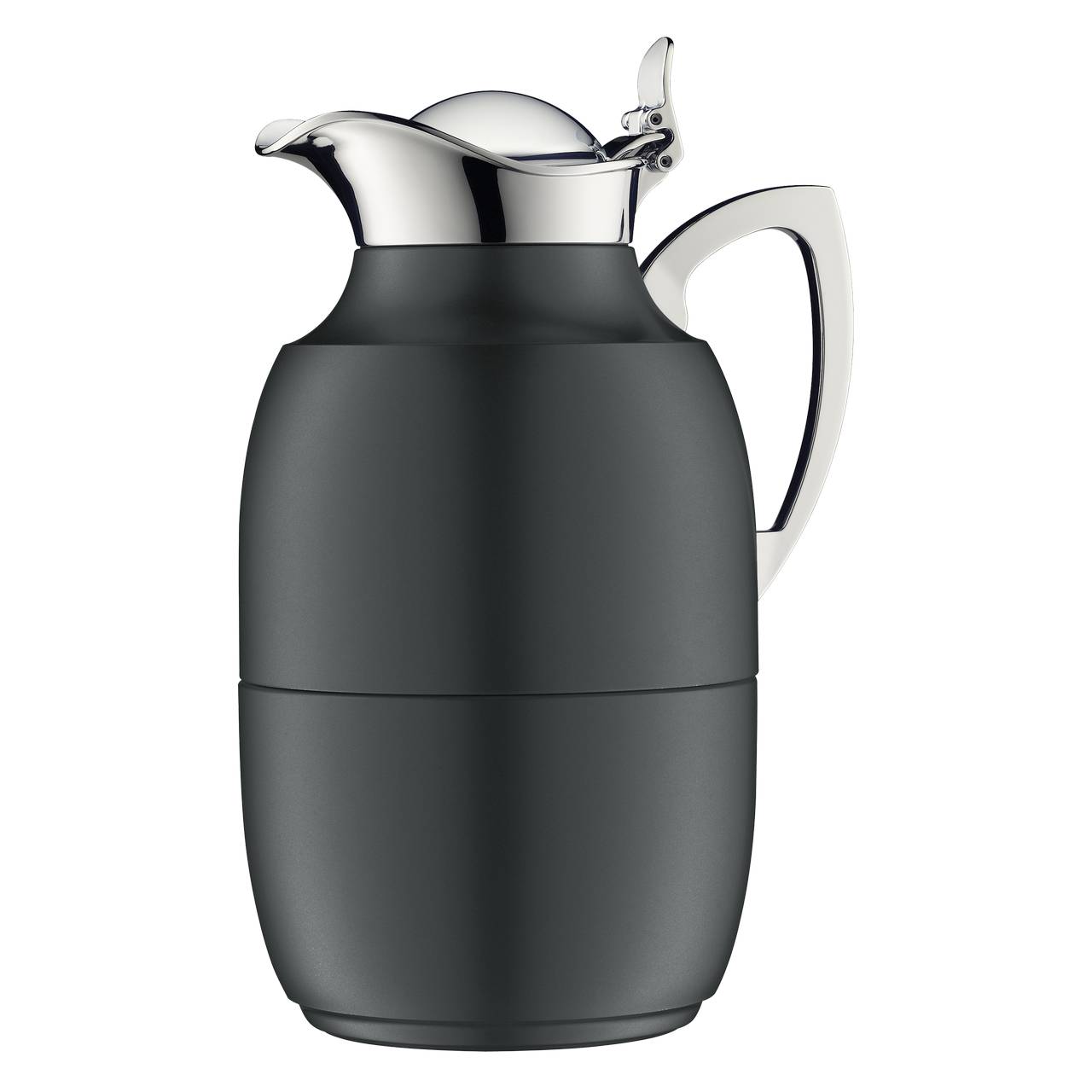 Auf dem Bild ist eine schwarze Thermoskanne mit einem glänzenden, silberfarbenen Deckel und Griff zu sehen. Der Korpus der Kanne wirkt matt und robust.