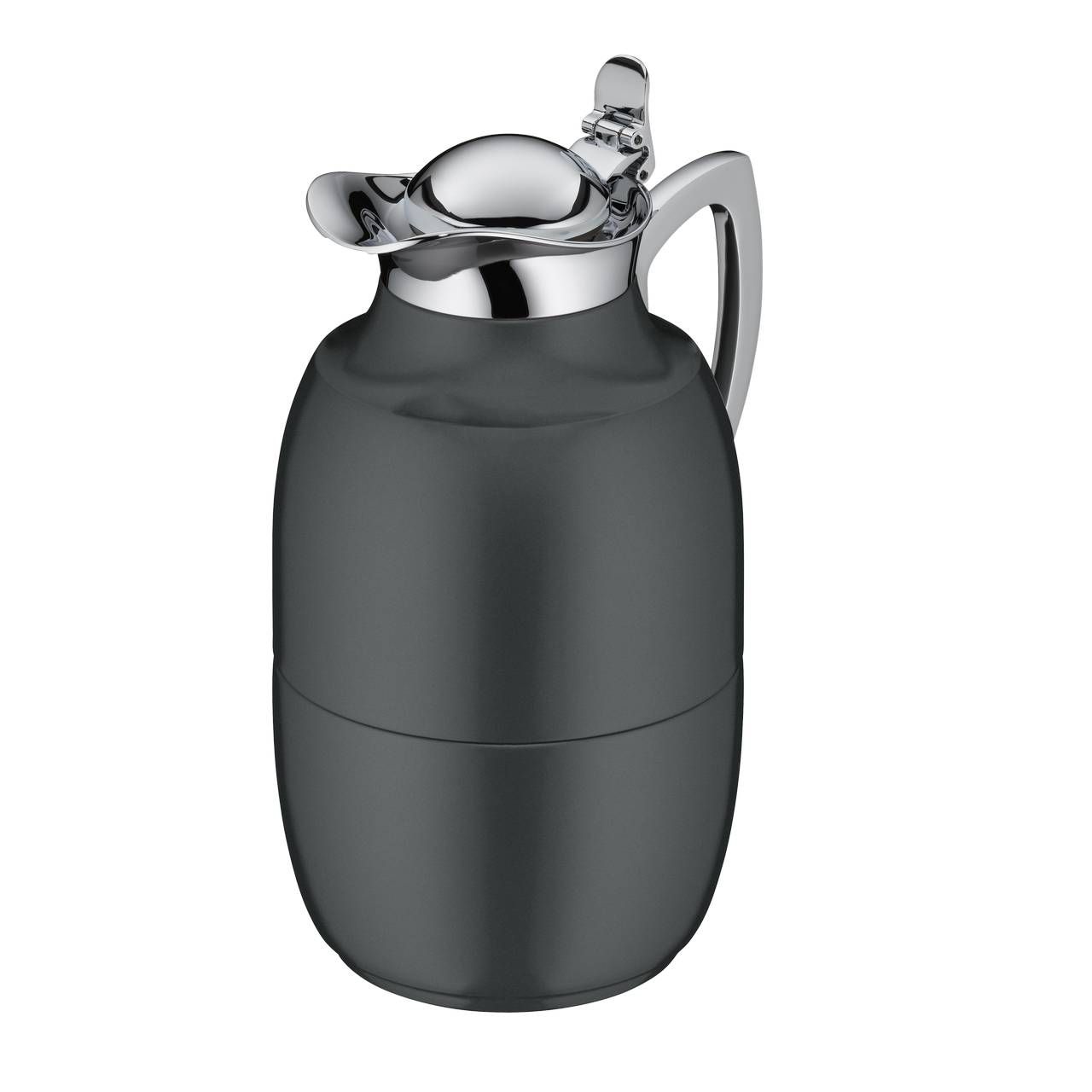 Das Bild zeigt eine elegante, dunkelgraue Thermoskanne mit einem glänzenden, silbernen Deckel und Griff. Die Kanne hat eine runde, moderne Form und wirkt stilvoll und funktional.