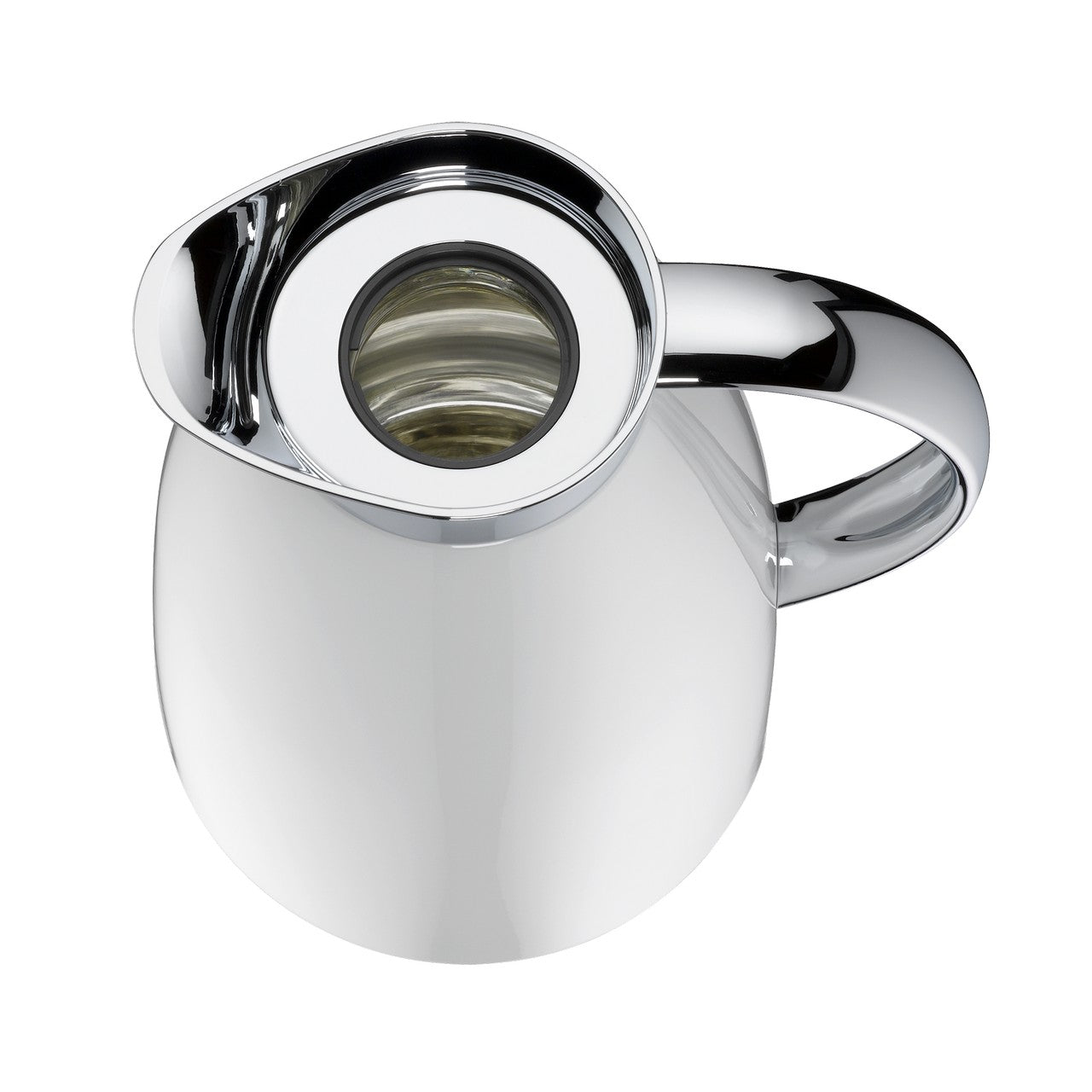 Das Bild zeigt eine glänzende, silberne Thermoskanne mit abgerundetem Design und einem runden Griff. Der Deckel hat eine glänzende Oberfläche und ist in einem dunkleren Farbton gestaltet.