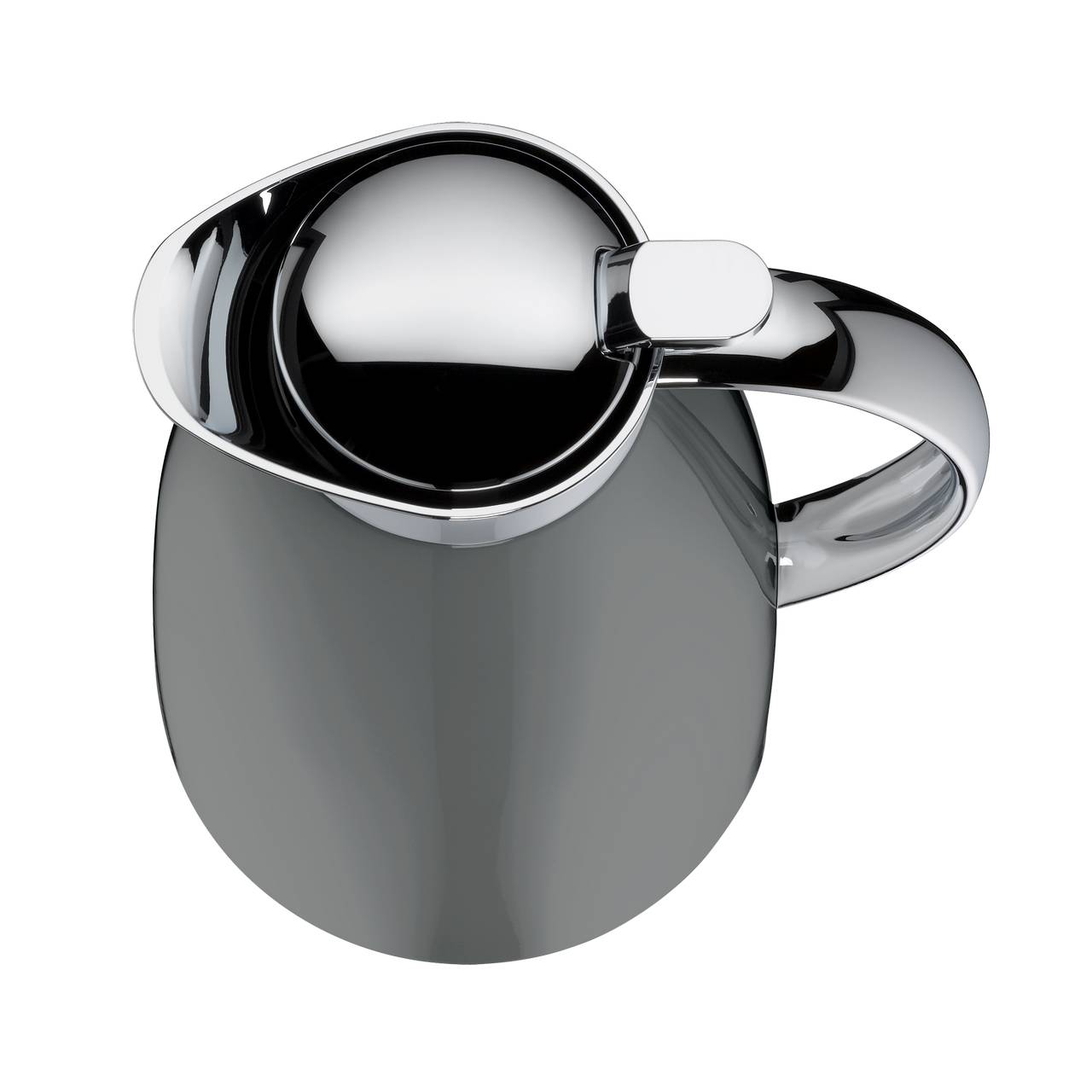 Das Bild zeigt eine moderne, silberne Thermoskanne mit einem glänzenden Deckel. Der Griff ist ergonomisch geformt und ebenfalls in Silber gehalten. Die Kanne hat ein elegantes, minimalistisches Design.