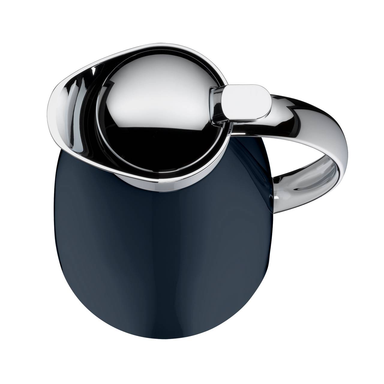 Das Bild zeigt eine stilvolle, moderne Thermoskanne von oben, mit einem glänzenden, metallischen Deckel und Henkel. Der Körper der Kanne ist dunkelblau und hat eine glatte Oberfläche.