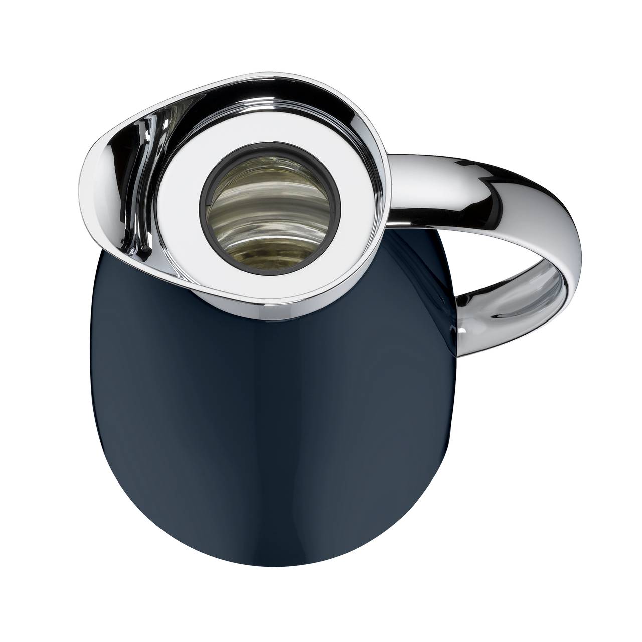 Das Bild zeigt eine elegante Kaffeekanne in glänzendem Schwarz und Silber, von oben betrachtet. Der Deckel ist leicht angewinkelt und aus poliertem Metall, mit einem transparenten Einsatz im Zentrum.