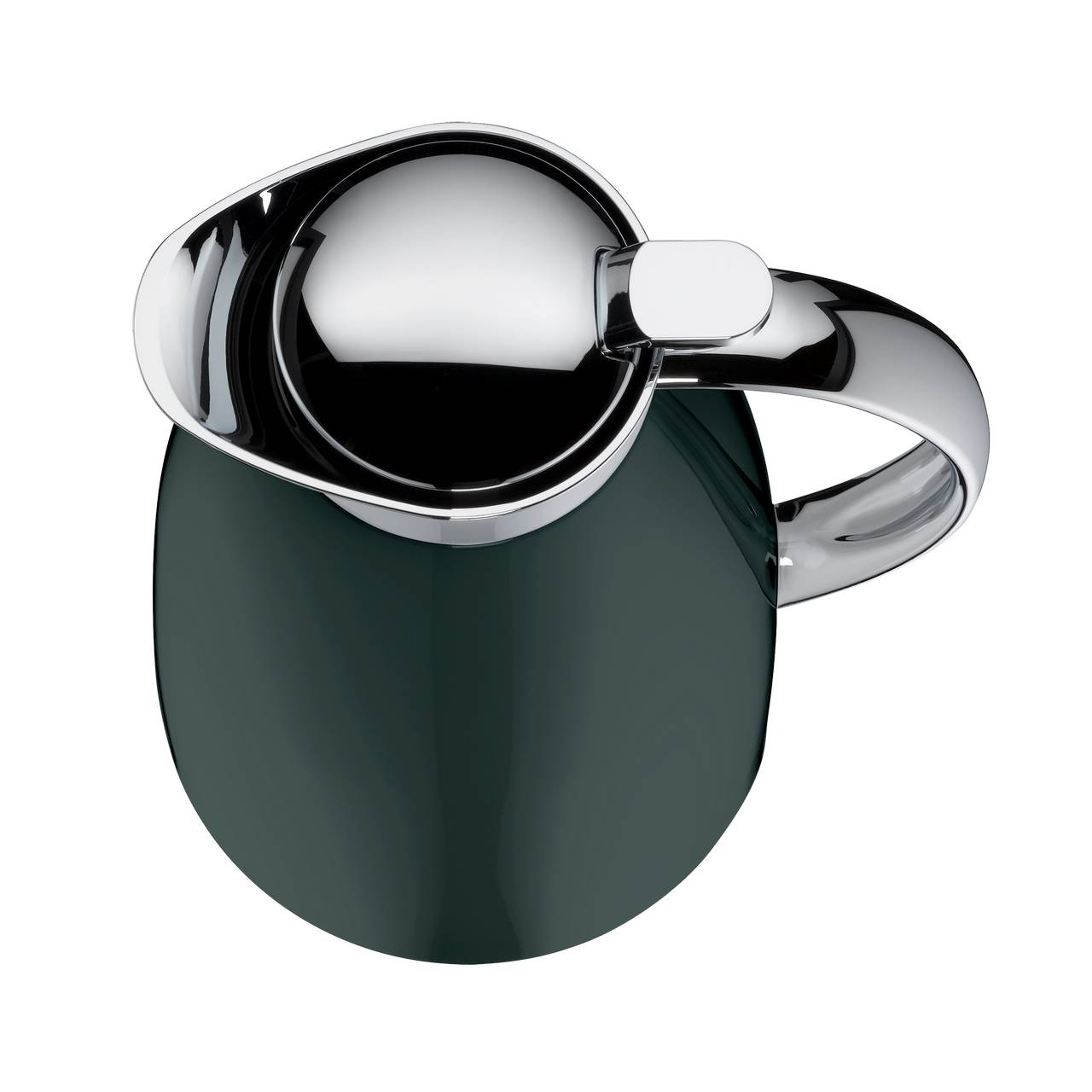 Das Bild zeigt eine elegante, dunkelgrüne Thermoskanne mit glänzendem Chromdeckel und -griff. Sie ist von oben fotografiert, sodass die Form und das Design deutlich zu erkennen sind.