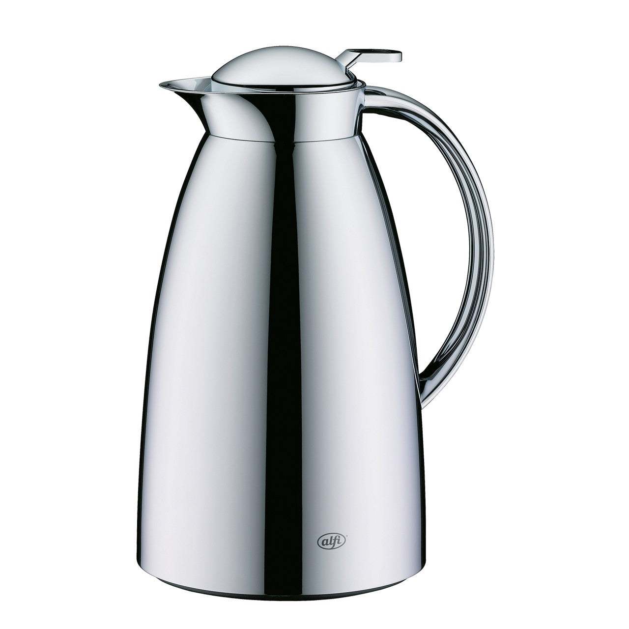 Das Bild zeigt eine glänzende, silberne Thermoskanne mit schlankem, konischem Design und einem geschwungenen Henkel. Der spitz zulaufende Ausguss fügt sich harmonisch ein. Sie strahlt Eleganz aus.