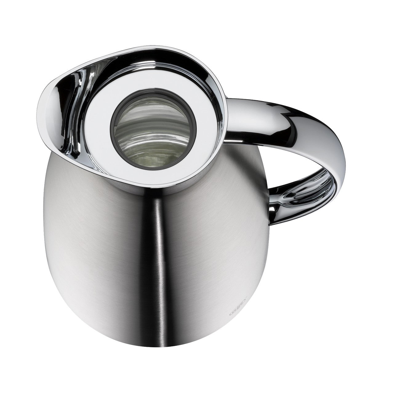 Die elegante, silberne Teekanne hat ein modernes Design mit glänzendem Deckel. Sie ist rund und hat einen ergonomischen Griff. Stilvoll und funktional für heiße Getränke.