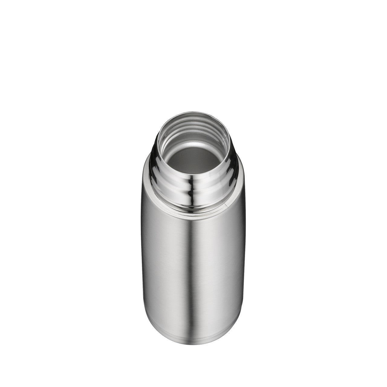 Das Bild zeigt eine metallische Thermosflasche ohne Deckel, die aufrecht positioniert ist. Die Flasche hat einen glänzenden, silbernen Look. Der offene Hals der Flasche mit einem Schraubgewinde ist gut sichtbar.