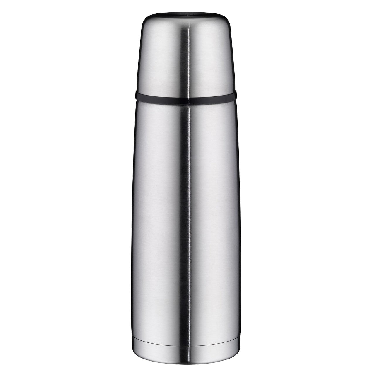 Das Bild zeigt eine silberne Thermosflasche mit einem schlichten, zylindrischen Design. Der Deckel ist ebenfalls silbern und integriert, um als Tasse verwendet zu werden.