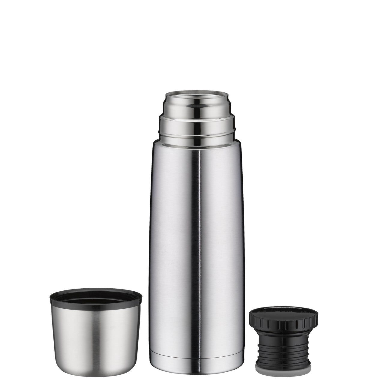 Auf dem Bild ist eine silberne Thermoskanne mit abgeschraubtem Deckel und Schraubverschluss zu sehen. Der Deckel liegt links von der Flasche und der Verschluss befindet sich rechts daneben.