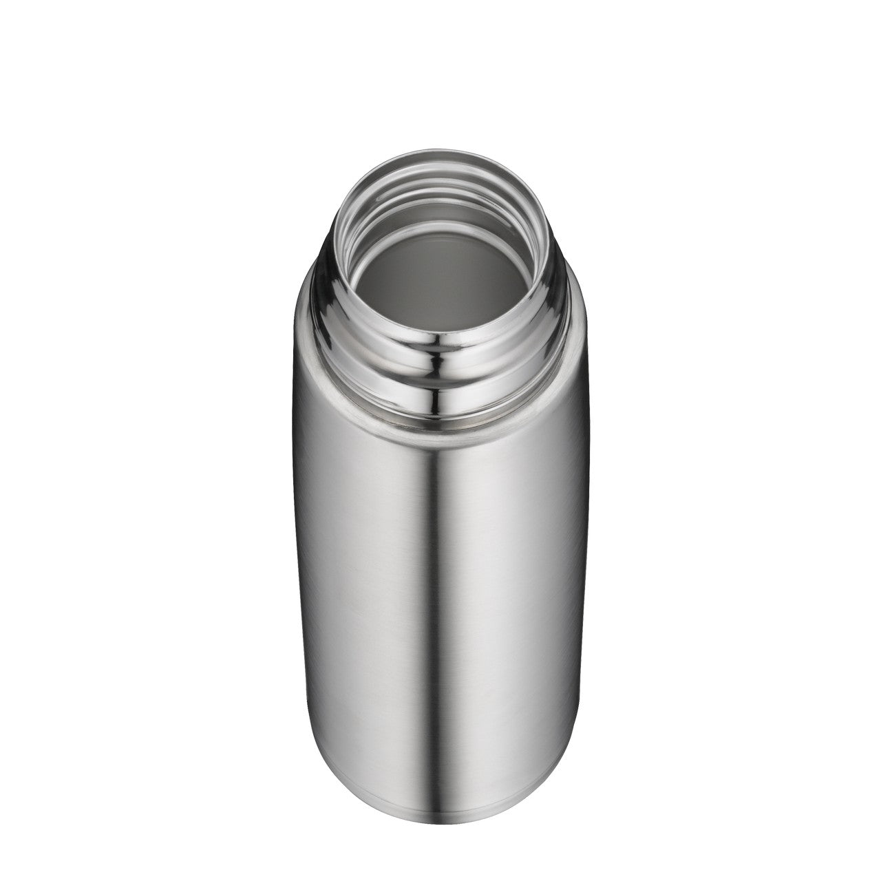 Das Bild zeigt eine offene, silberne Thermosflasche aus Edelstahl. Die Flasche hat eine zylindrische Form und einen Schraubverschlussrand. Sie wirkt glänzend und modern.
