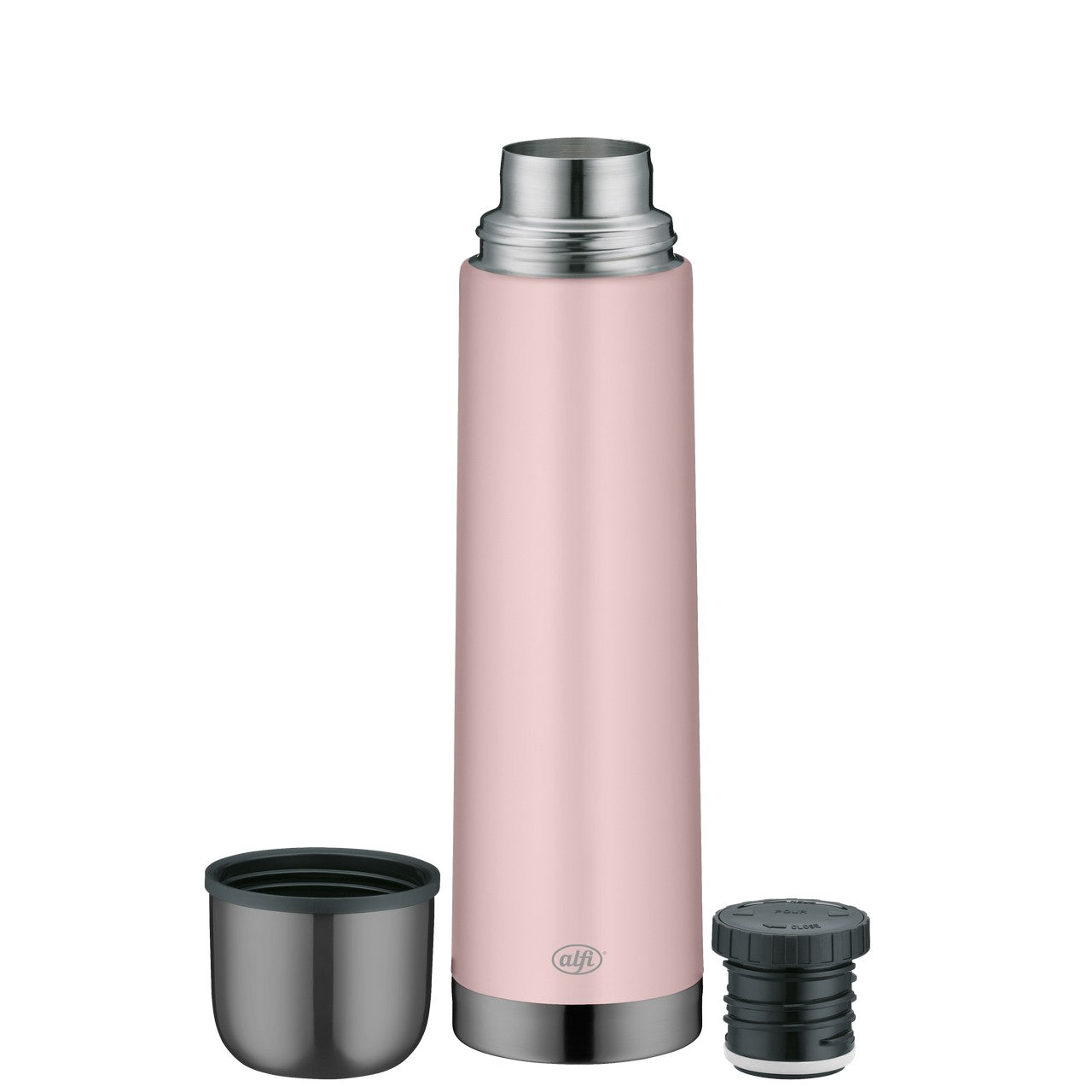 Auf dem Bild ist eine rosafarbene Thermosflasche mit einem silbernen Deckel dargestellt. Daneben liegen ein schwarz-silberner Trinkbecher und ein schwarzer Verschluss. Die Flasche steht aufrecht auf einer weißen Fläche.