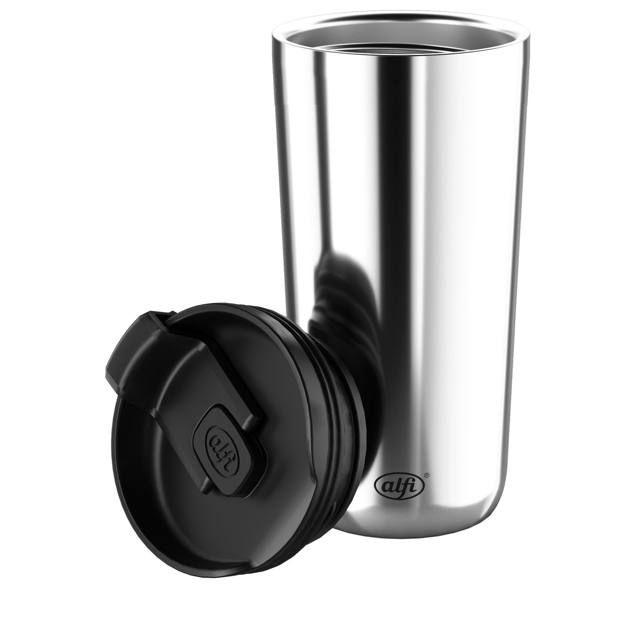Das Bild zeigt einen silbernen Thermobecher mit einem schwarzen, abnehmbaren Deckel, der vor dem Becher liegt. Der Becher ist aus Edelstahl und hat eine glatte, reflektierende Oberfläche.