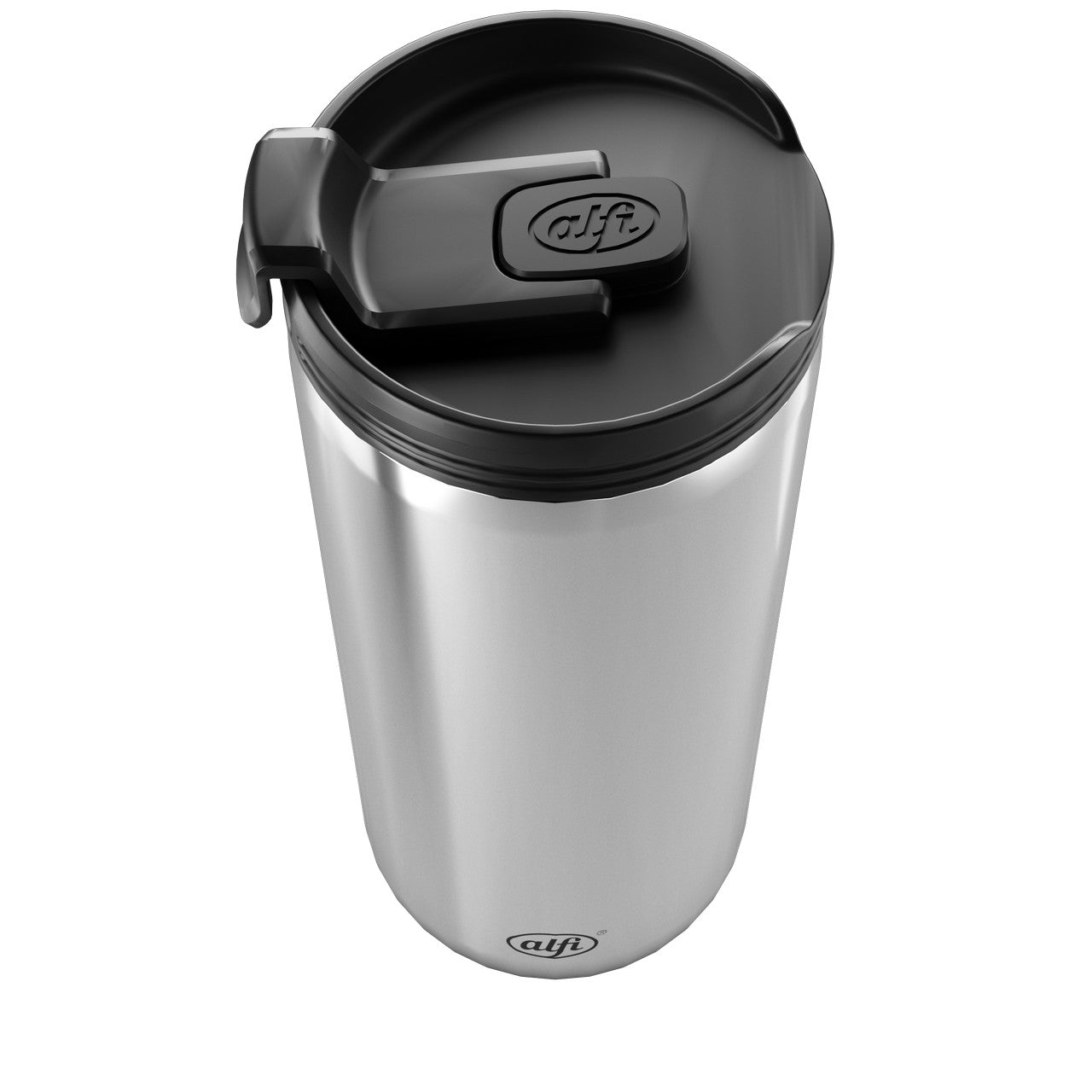 Das Bild zeigt einen silbernen Thermobecher mit einem schwarzen, verschließbaren Deckel. Der Becher hat eine zylindrische Form und wirkt robust und isoliert. Der Deckel hat eine Lasche zum Trinken.