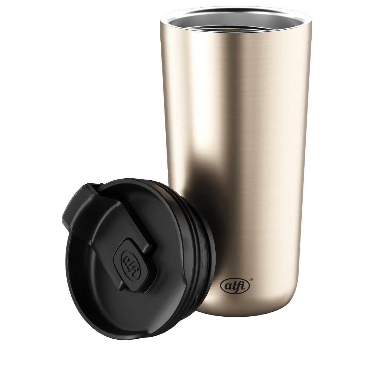Das Bild zeigt einen goldfarbenen Thermobecher und einen schwarzen Deckel, der vor dem Becher liegt. Der Becher hat ein schlichtes, modernes Design und der Deckel scheint abnehmbar zu sein.