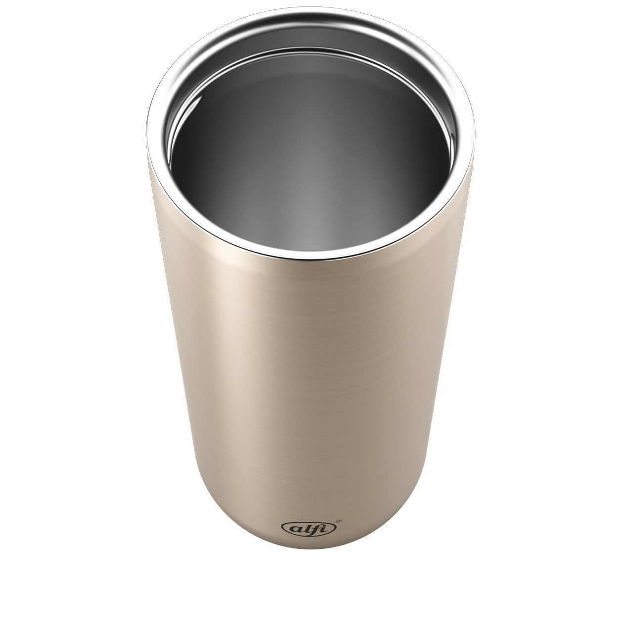 Das Bild zeigt einen zylinderförmigen, silberfarbenen Mülleimer mit offenem Deckel. Der Eimer hat eine glatte, metallische Oberfläche und ist leer im Inneren.
